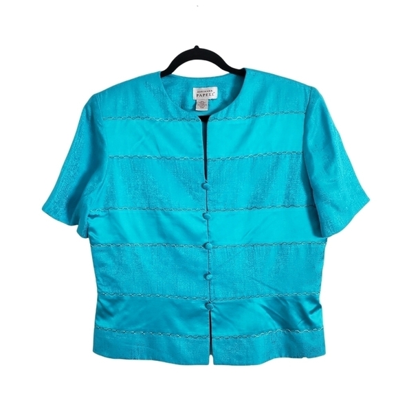 Adrianna Papell 100% Silk Short Sleeve Padded Shoulders Aqua Blouse - Picture 1 of 11